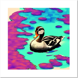 Duck Swimming In Trippy Pond Posters and Art